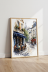 Paris Street Scene Watercolor | Montmartre Cafe Wall Art, French Travel Poster