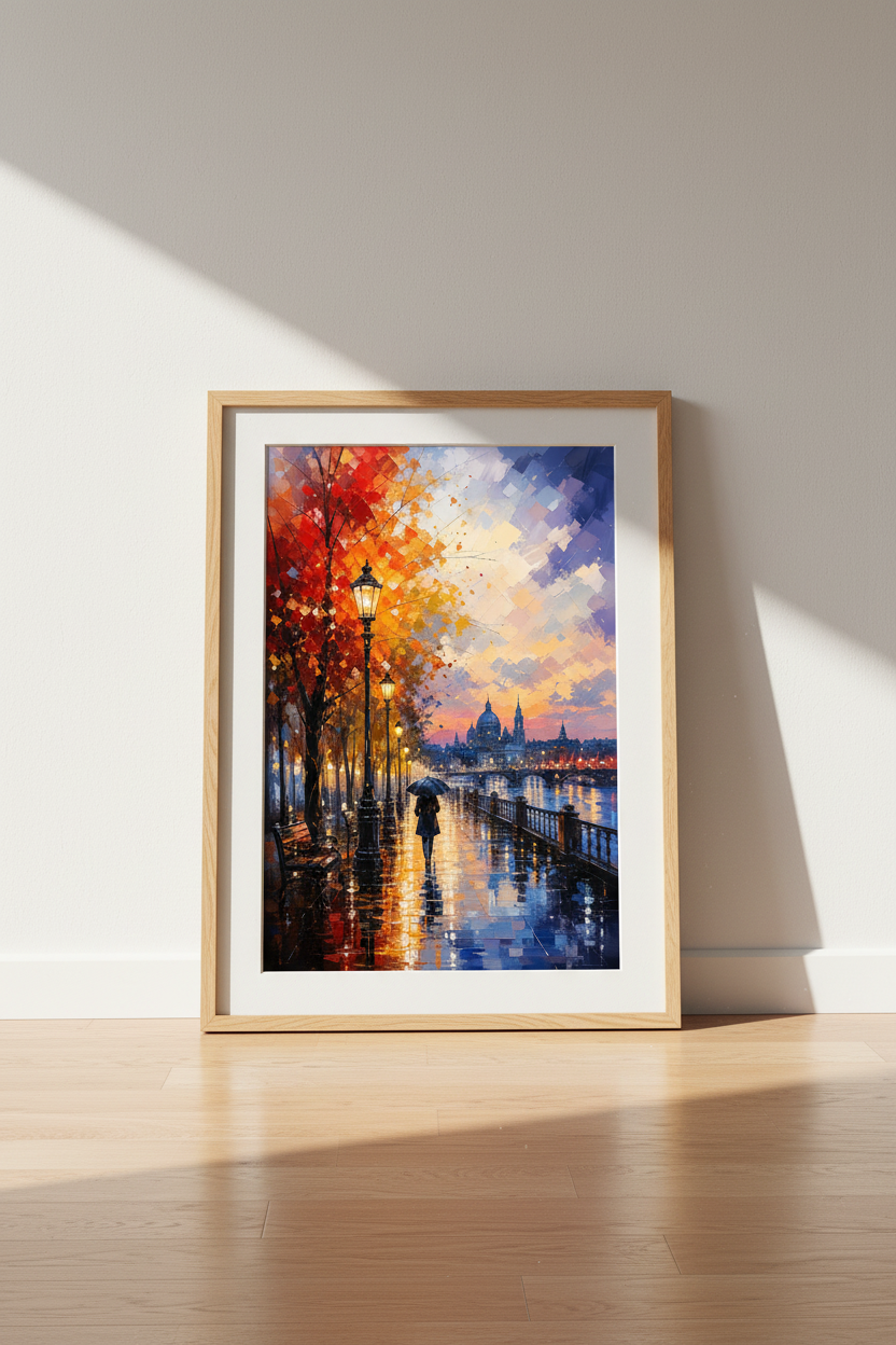 Rainy Autumn Cityscape | Palette Knife Oil Style, Living Room Decor