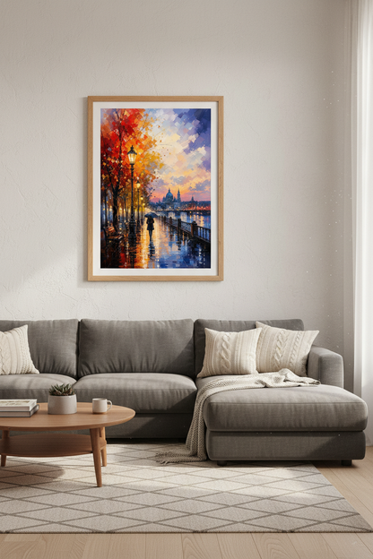 Rainy Autumn Cityscape | Palette Knife Oil Style, Living Room Decor