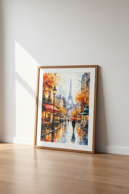 Paris Street Scene Watercolor Wall Art | Eiffel Tower Cafe Poster | Autumn French Decor