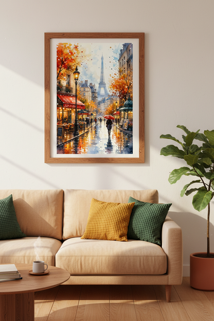 Paris Street Scene Watercolor Wall Art | Eiffel Tower Cafe Poster | Autumn French Decor