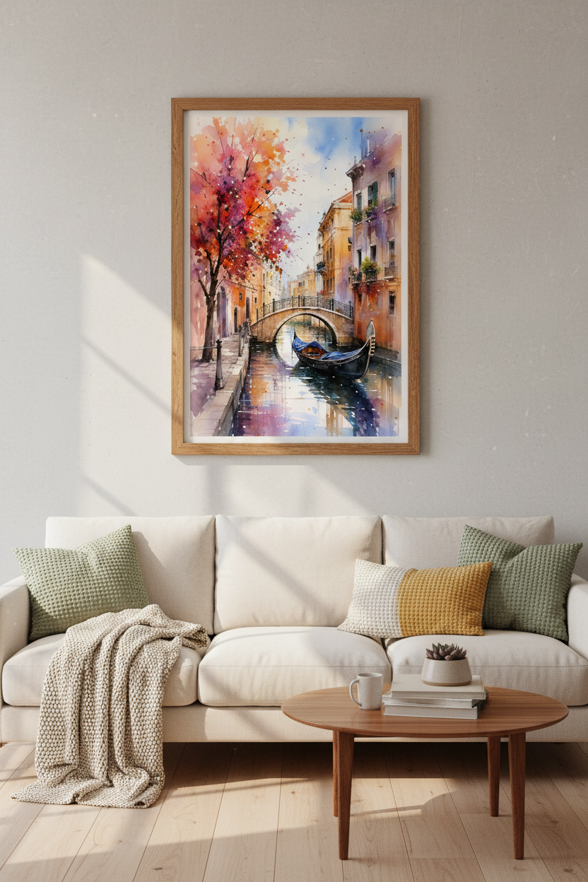 Venice Canal Watercolor Print | Italy Gondola Bridge Art, Vibrant Living Room Decor