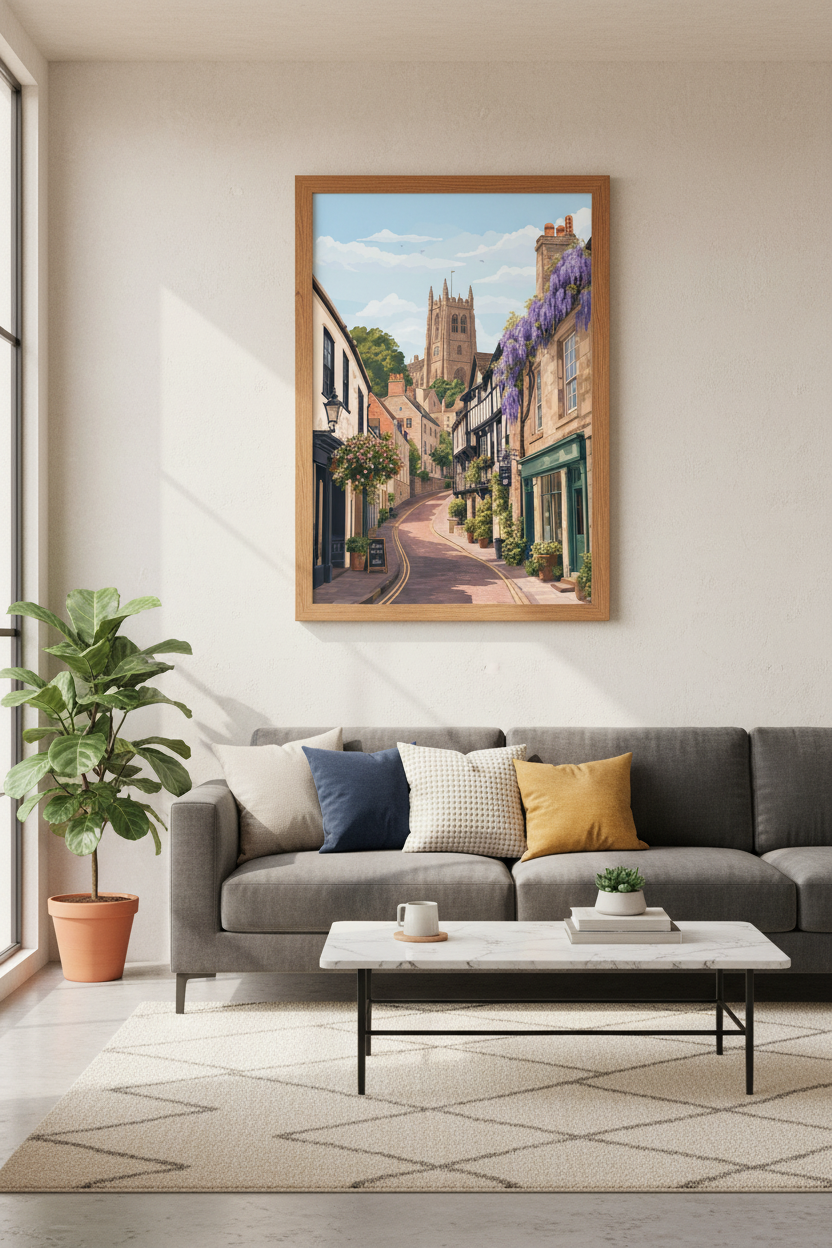 English Village Street Wall Art Print | Cotswolds Travel Decor | Pastel Scenic Poster
