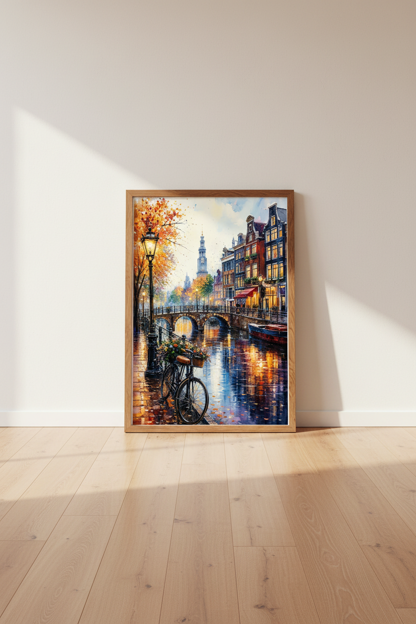 Amsterdam Canal Watercolor Wall Art | Autumn City Print | European Travel Decor