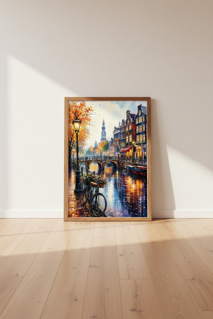 Amsterdam Canal Watercolor Wall Art | Autumn City Print | European Travel Decor