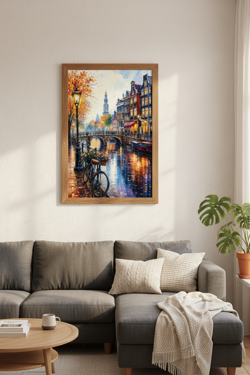 Amsterdam Canal Watercolor Wall Art | Autumn City Print | European Travel Decor