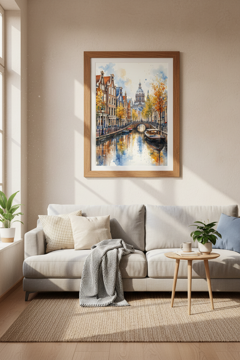 Watercolor Amsterdam Canal Art | Autumn European Cityscape, Living Room Decor