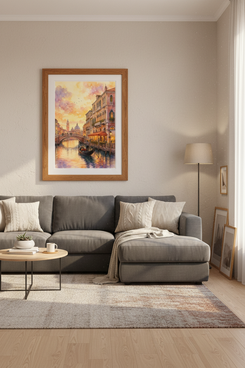 Venice Canal Watercolor Print | Italy Sunset Travel Poster | Living Room Decor