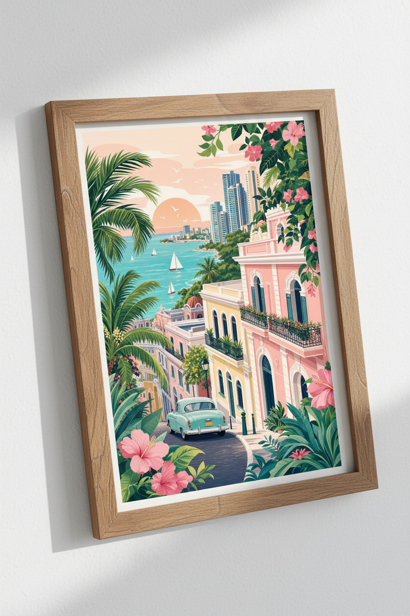 Tropical Coastal City Print | Pink Pastel Travel Poster, Beach House Decor