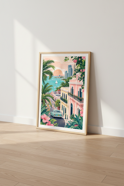 Tropical Coastal City Print | Pink Pastel Travel Poster, Beach House Decor