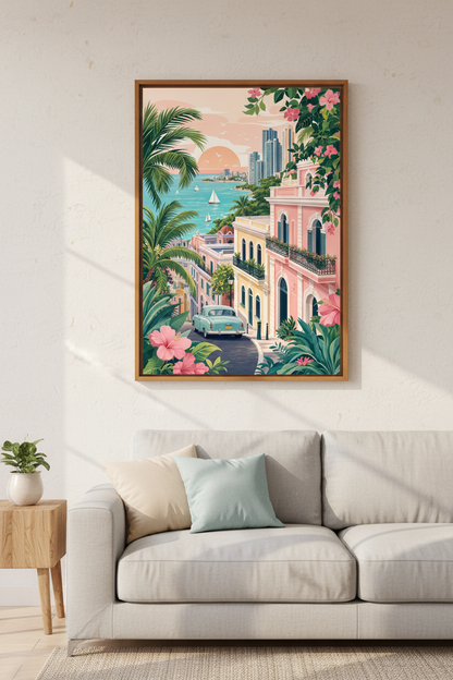 Tropical Coastal City Print | Pink Pastel Travel Poster, Beach House Decor