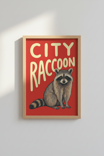 City Raccoon Poster | Bold Red Illustration, Retro Pop | Living Room Decor