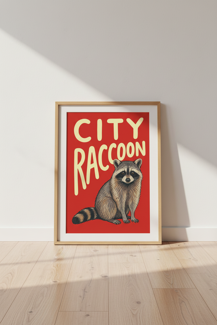 City Raccoon Poster | Bold Red Illustration, Retro Pop | Living Room Decor