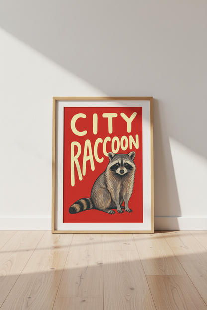 City Raccoon Poster | Bold Red Illustration, Retro Pop | Living Room Decor