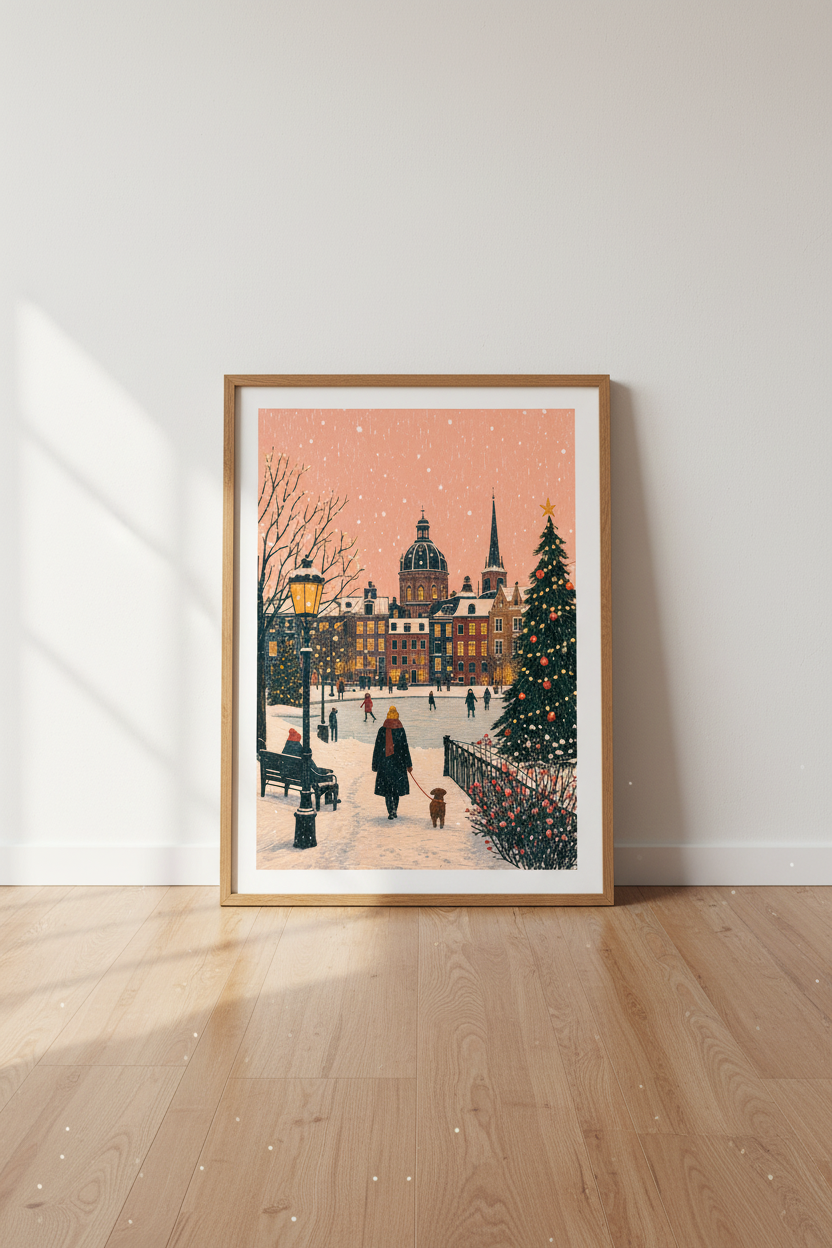 Winter City Square Wall Art | Pink Snowy Christmas Poster | Cozy Holiday Decor