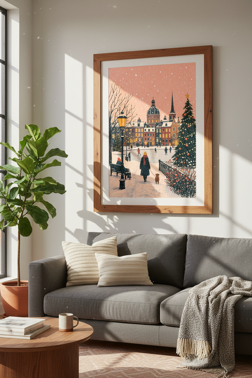 Winter City Square Wall Art | Pink Snowy Christmas Poster | Cozy Holiday Decor
