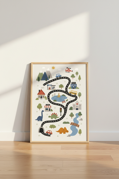 Dinosaur City Road Map Art | Playroom Nursery Decor | Whimsical Transportation Poster