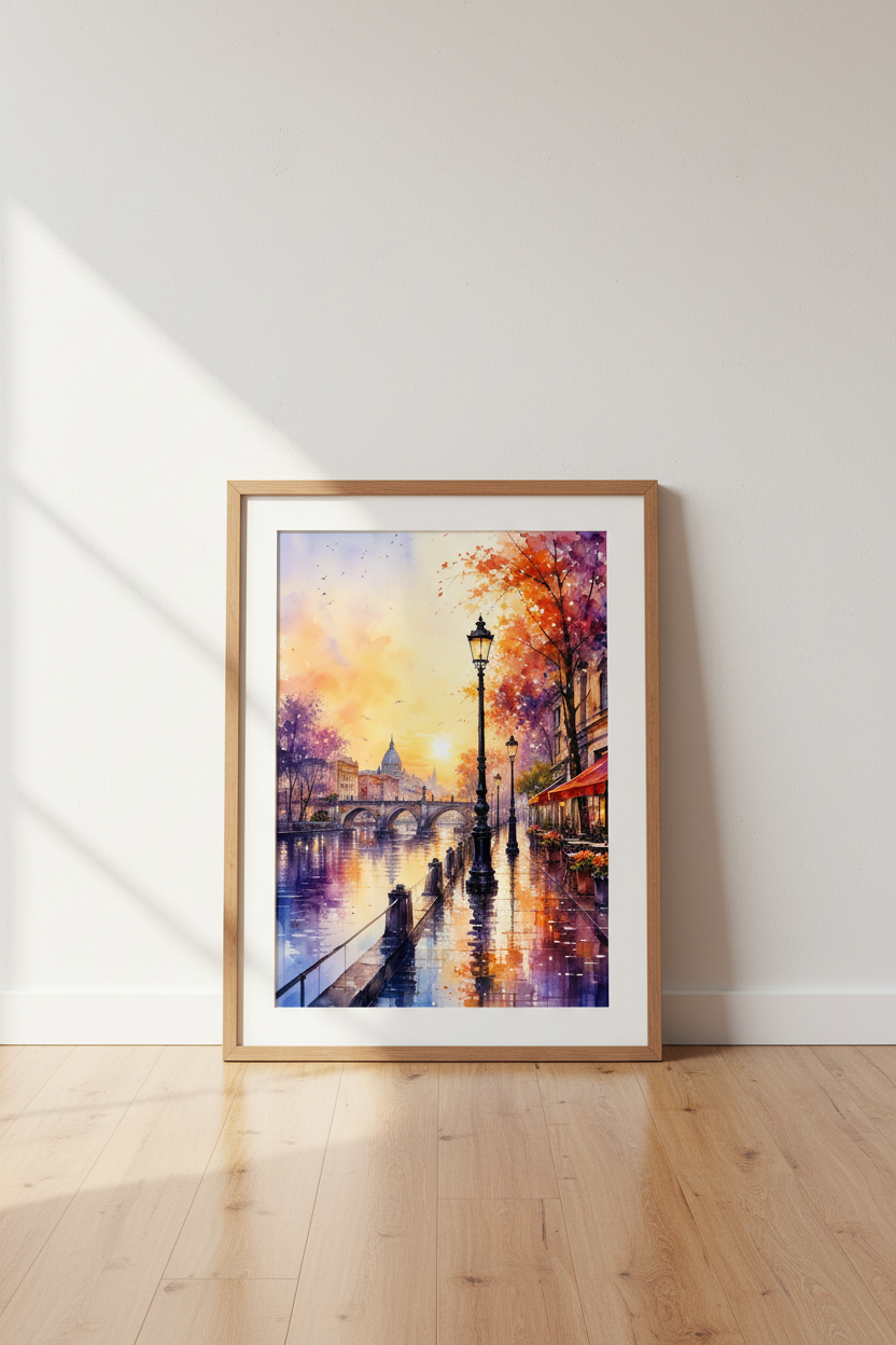 European City Sunset Watercolor | Romantic Street Cafe Print, Living Room Decor