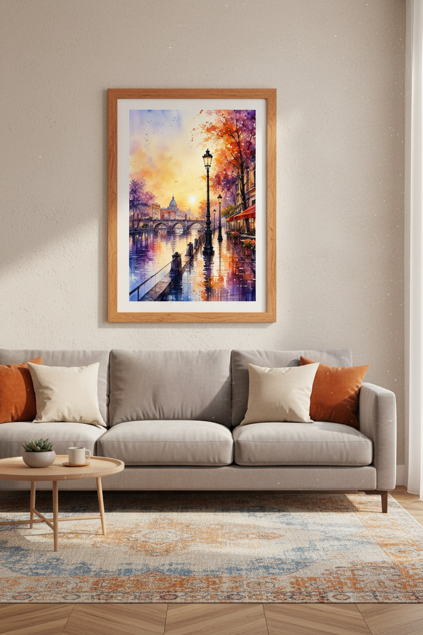 European City Sunset Watercolor | Romantic Street Cafe Print, Living Room Decor