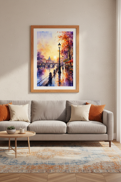 European City Sunset Watercolor | Romantic Street Cafe Print, Living Room Decor