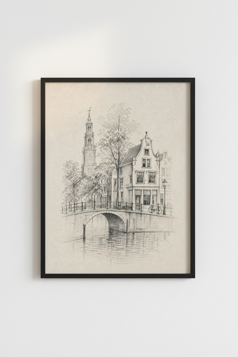 Amsterdam Canal Pencil Sketch Art Print | Vintage Dutch Cityscape | Home Office Decor
