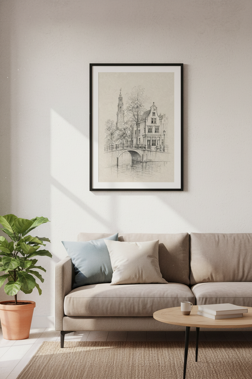 Amsterdam Canal Pencil Sketch Art Print | Vintage Dutch Cityscape | Home Office Decor