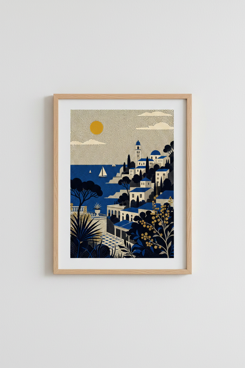 Coastal Village Art | Ocean blues, Mediterranean vibe | Living Room Decor