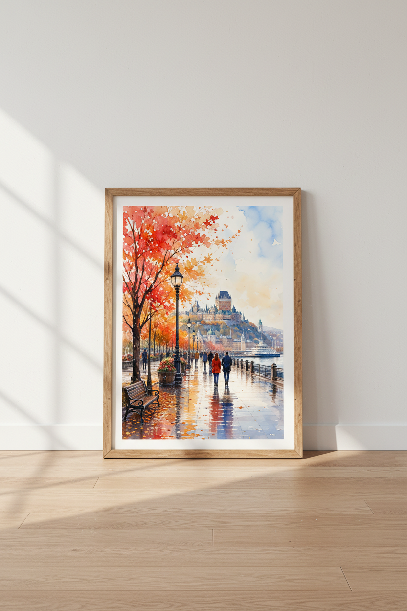 Quebec Autumn Landscape Watercolor | Red Fall Foliage Poster, City Travel Decor