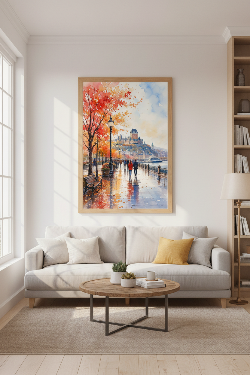 Quebec Autumn Landscape Watercolor | Red Fall Foliage Poster, City Travel Decor