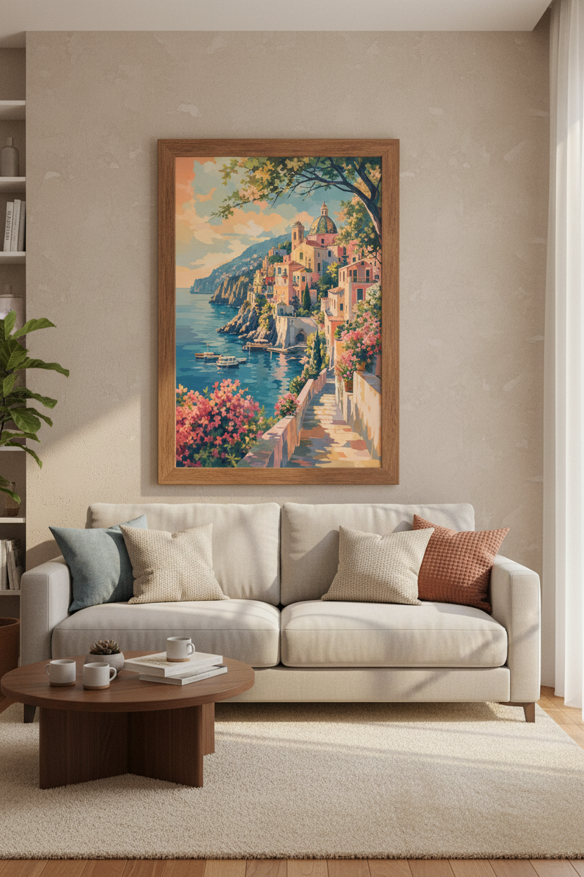 Amalfi Coast Italy Wall Art | Positano Painting Print, Mediterranean Decor