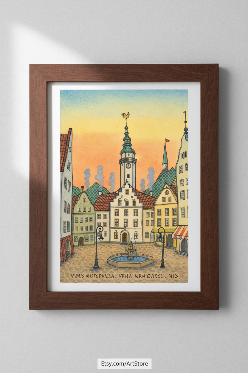 Whimsical Town Art | Watercolor Cityscape Poster | Sunset Decor