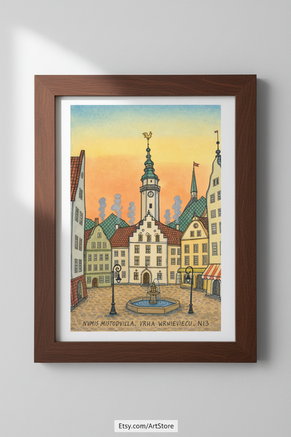 Whimsical Town Art | Watercolor Cityscape Poster | Sunset Decor