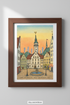 Whimsical Town Art | Watercolor Cityscape Poster | Sunset Decor