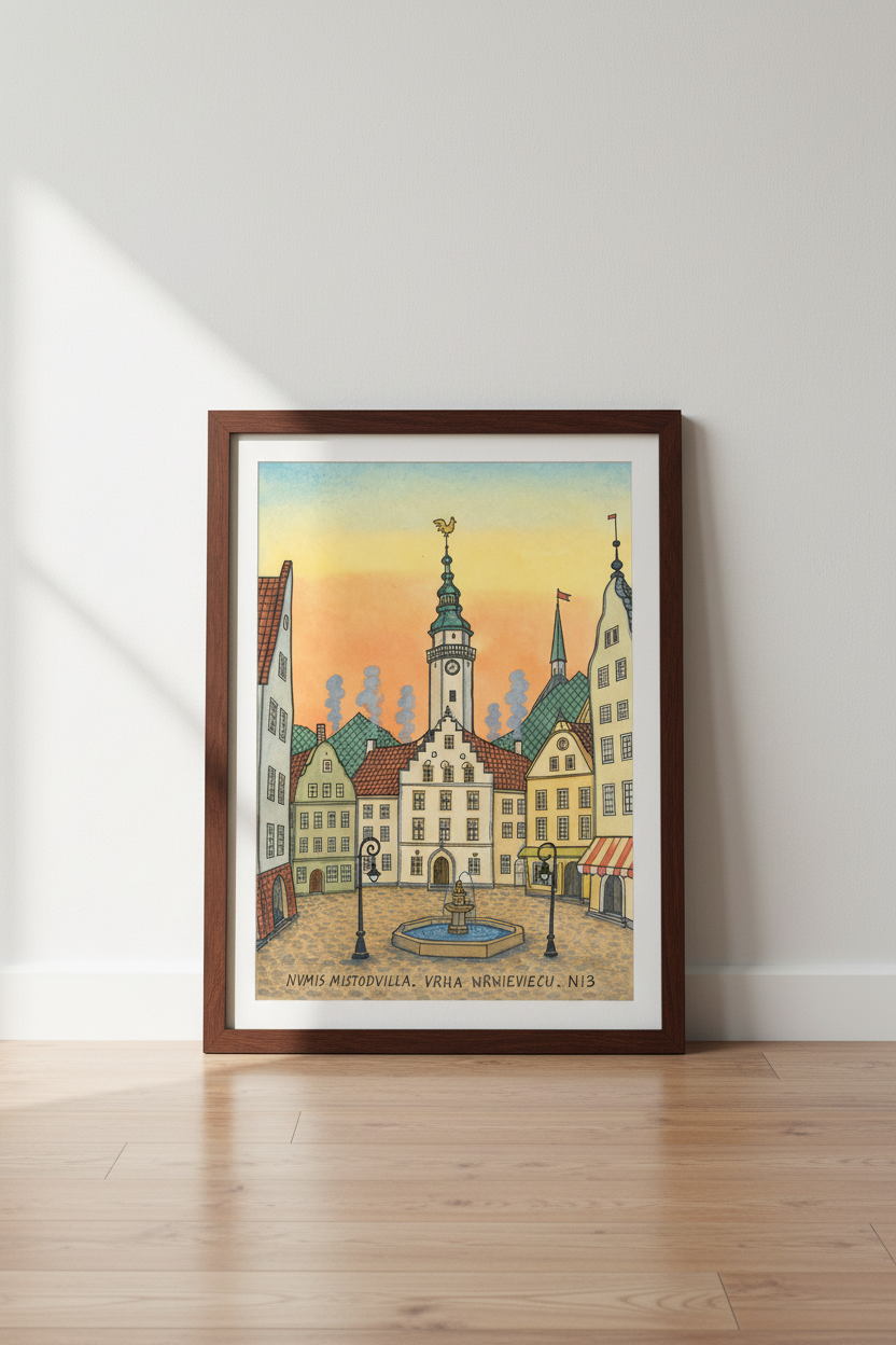 Whimsical Town Art | Watercolor Cityscape Poster | Sunset Decor
