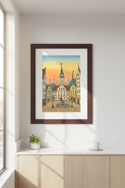 Whimsical Town Art | Watercolor Cityscape Poster | Sunset Decor