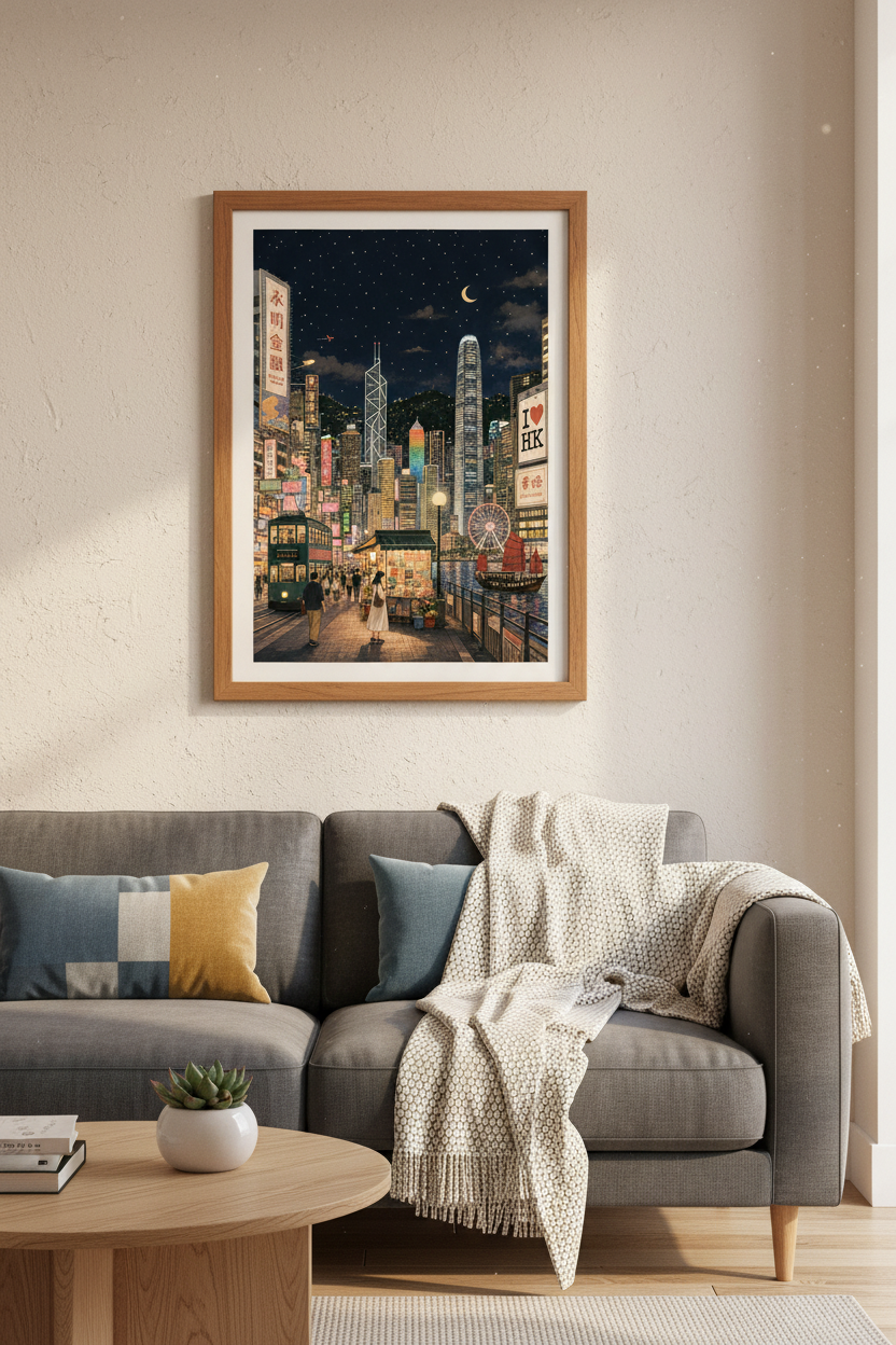 Hong Kong Night Cityscape Wall Art | Lo-fi Aesthetic Decor | Neon Skyline Poster