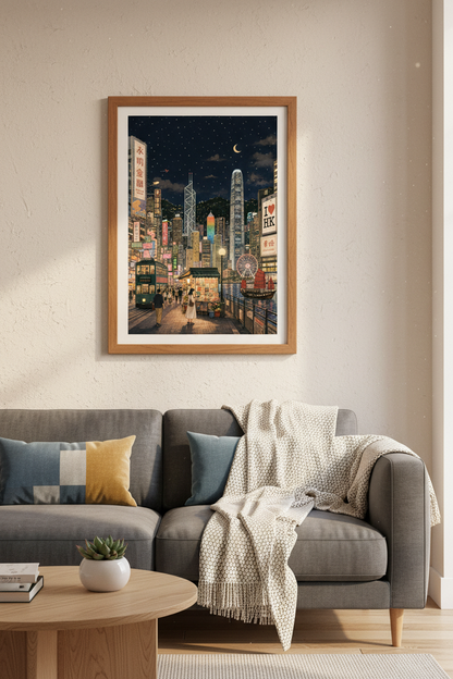 Hong Kong Night Cityscape Wall Art | Lo-fi Aesthetic Decor | Neon Skyline Poster