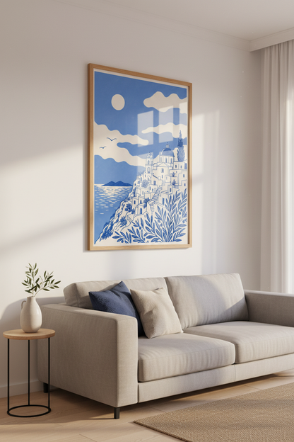 Santorini Greece Wall Art | Blue Mediterranean Coastal Decor | Minimalist Poster