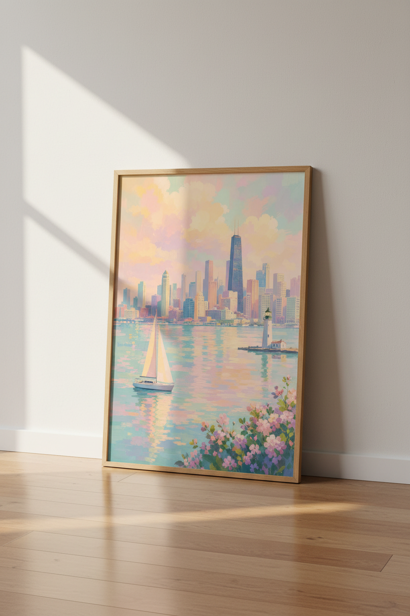 Chicago Skyline | Pastel Impressionist Cityscape, Living Room Wall Art