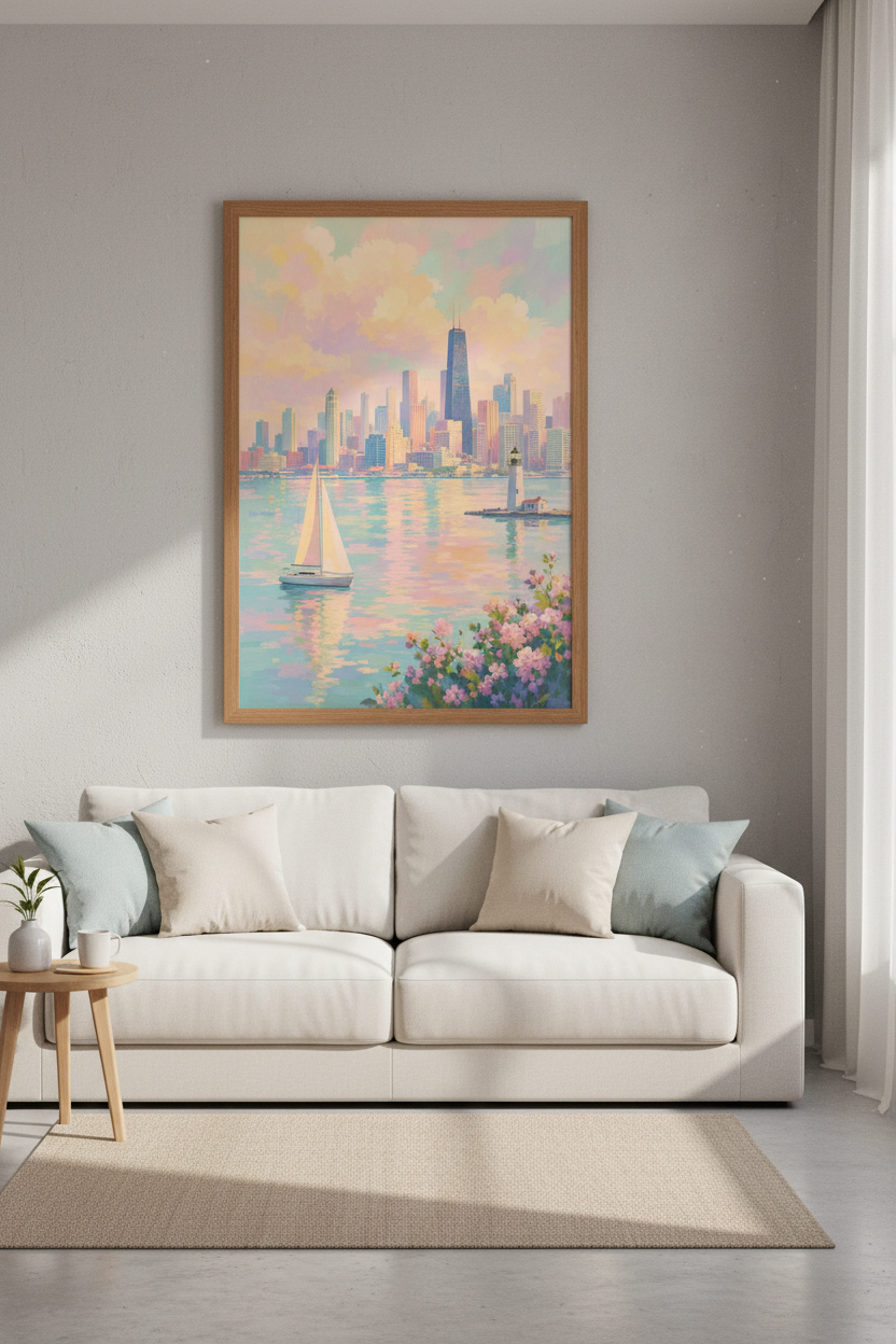 Chicago Skyline | Pastel Impressionist Cityscape, Living Room Wall Art