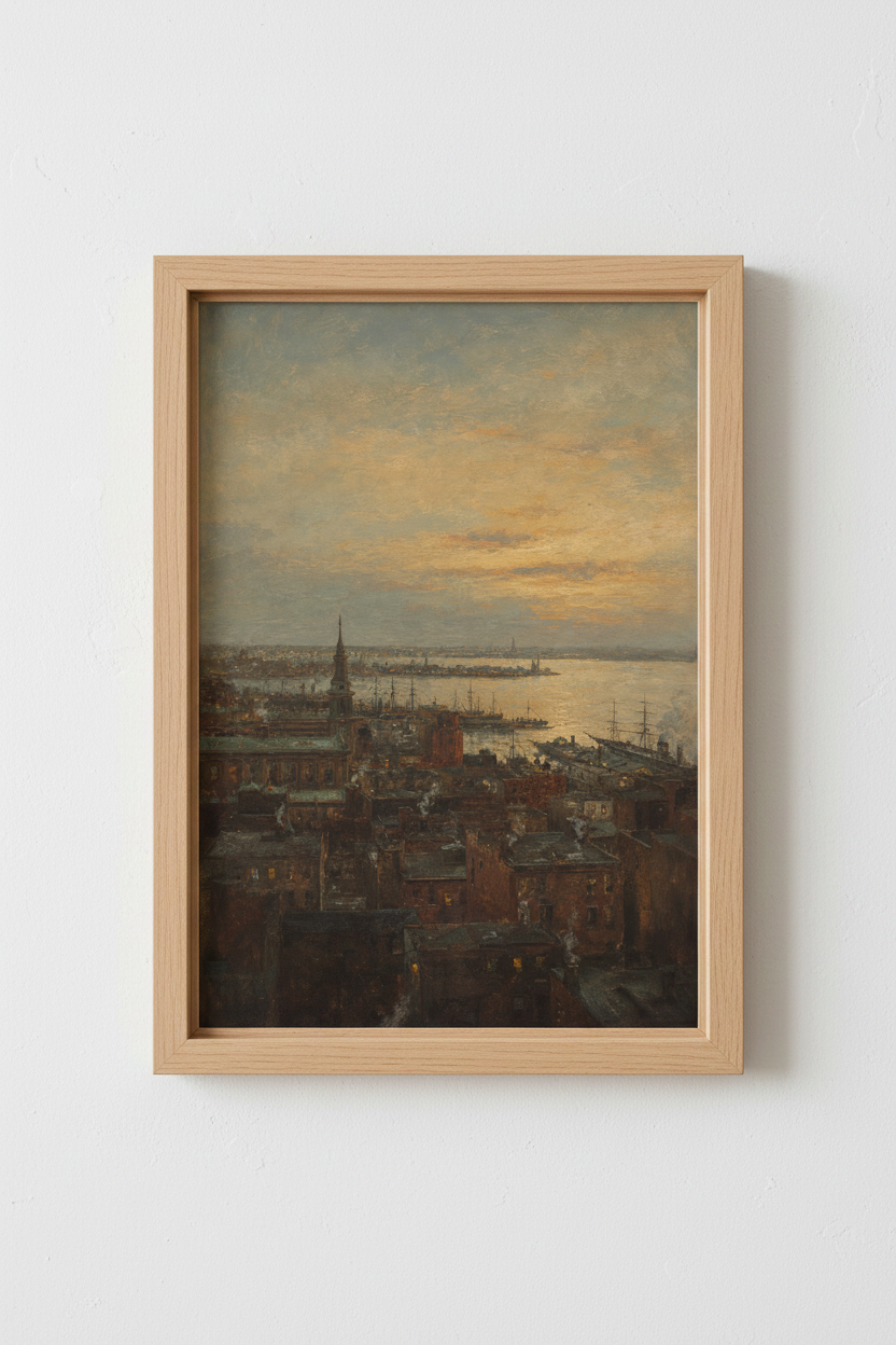 Cityscape Wall Art | Impressionist Harbor Sunset, Warm Tones | Living Room Decor Poster