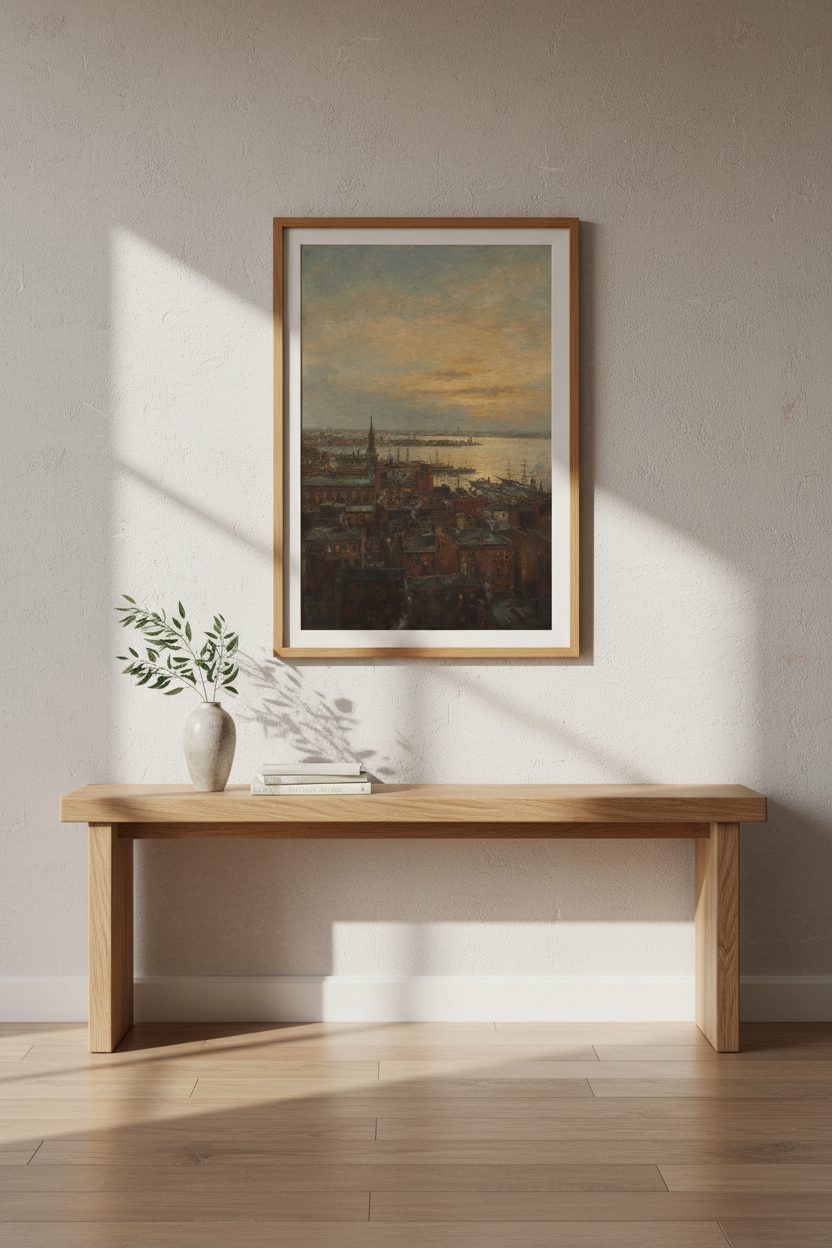 Cityscape Wall Art | Impressionist Harbor Sunset, Warm Tones | Living Room Decor Poster