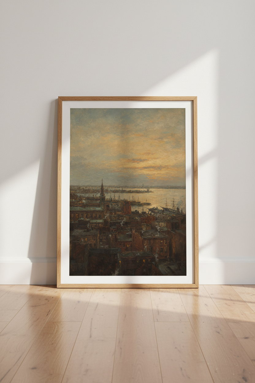 Cityscape Wall Art | Impressionist Harbor Sunset, Warm Tones | Living Room Decor Poster