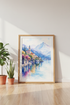 Lake Como Watercolor Print | Italian Coastal Landscape Wall Art | Pastel Travel Poster