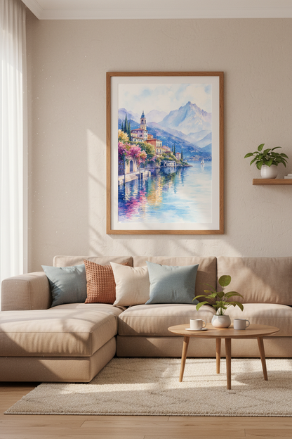 Lake Como Watercolor Print | Italian Coastal Landscape Wall Art | Pastel Travel Poster