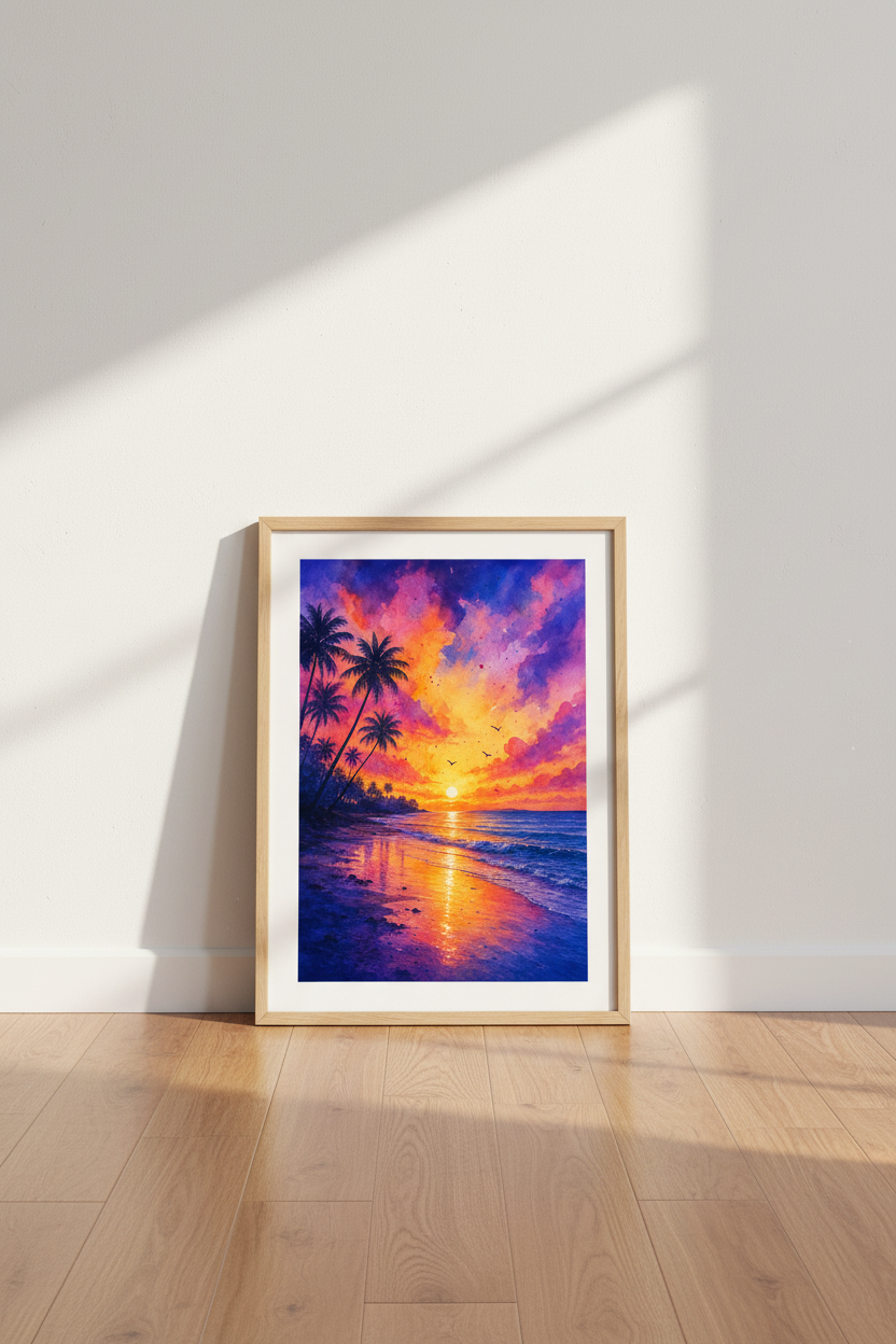 Tropical Beach Sunset Watercolor Art | Vibrant Coastal Poster, Living Room Decor