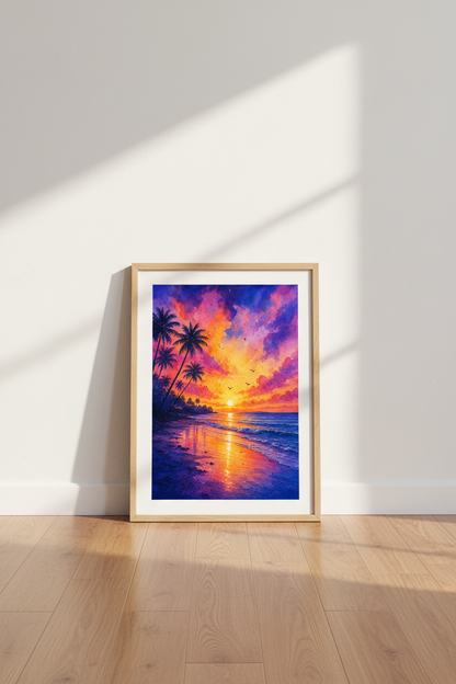 Tropical Beach Sunset Watercolor Art | Vibrant Coastal Poster, Living Room Decor