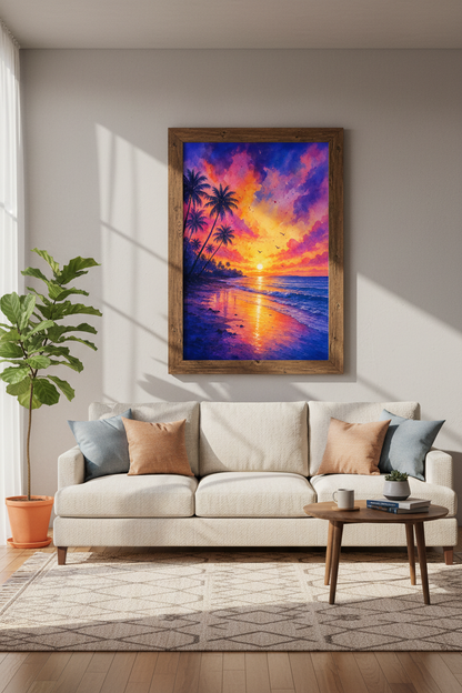Tropical Beach Sunset Watercolor Art | Vibrant Coastal Poster, Living Room Decor