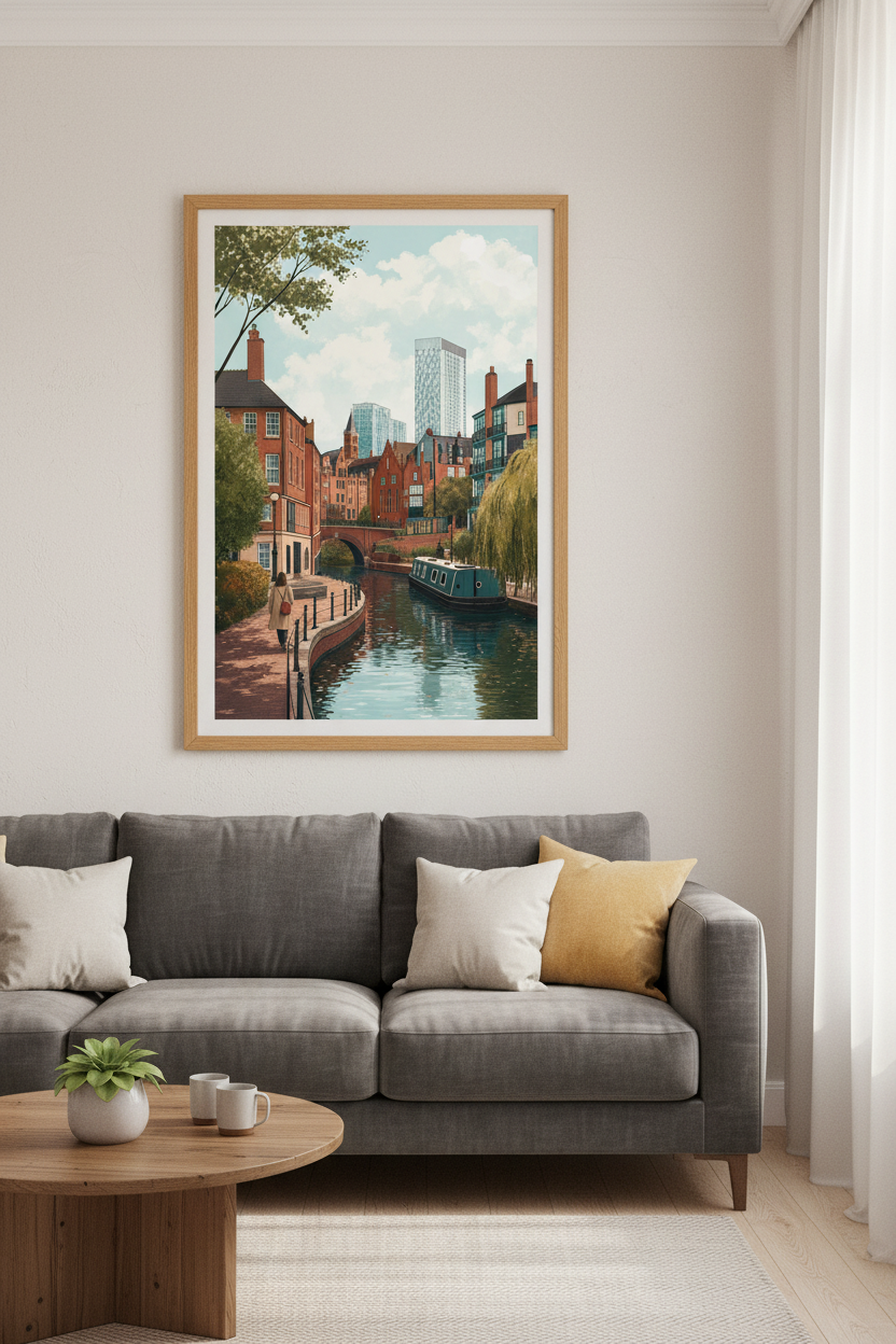 Manchester Canal Cityscape Art | Red Brick Urban Travel Poster, Living Room Decor