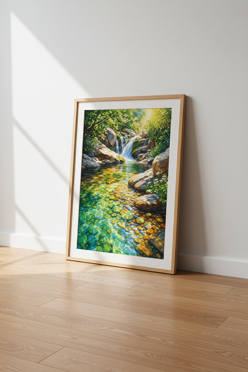 Waterfall Nature Wall Art | Forest Landscape Decor | Sunlit Stream Poster